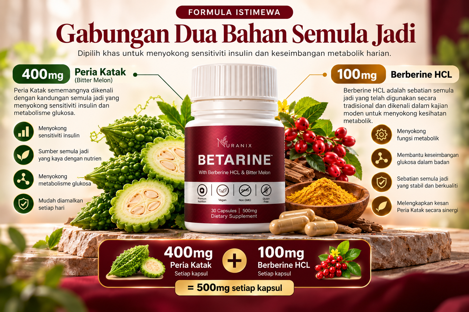 Perincian formula Betarine 400mg Peria Katak dan 100mg Berberine HCL