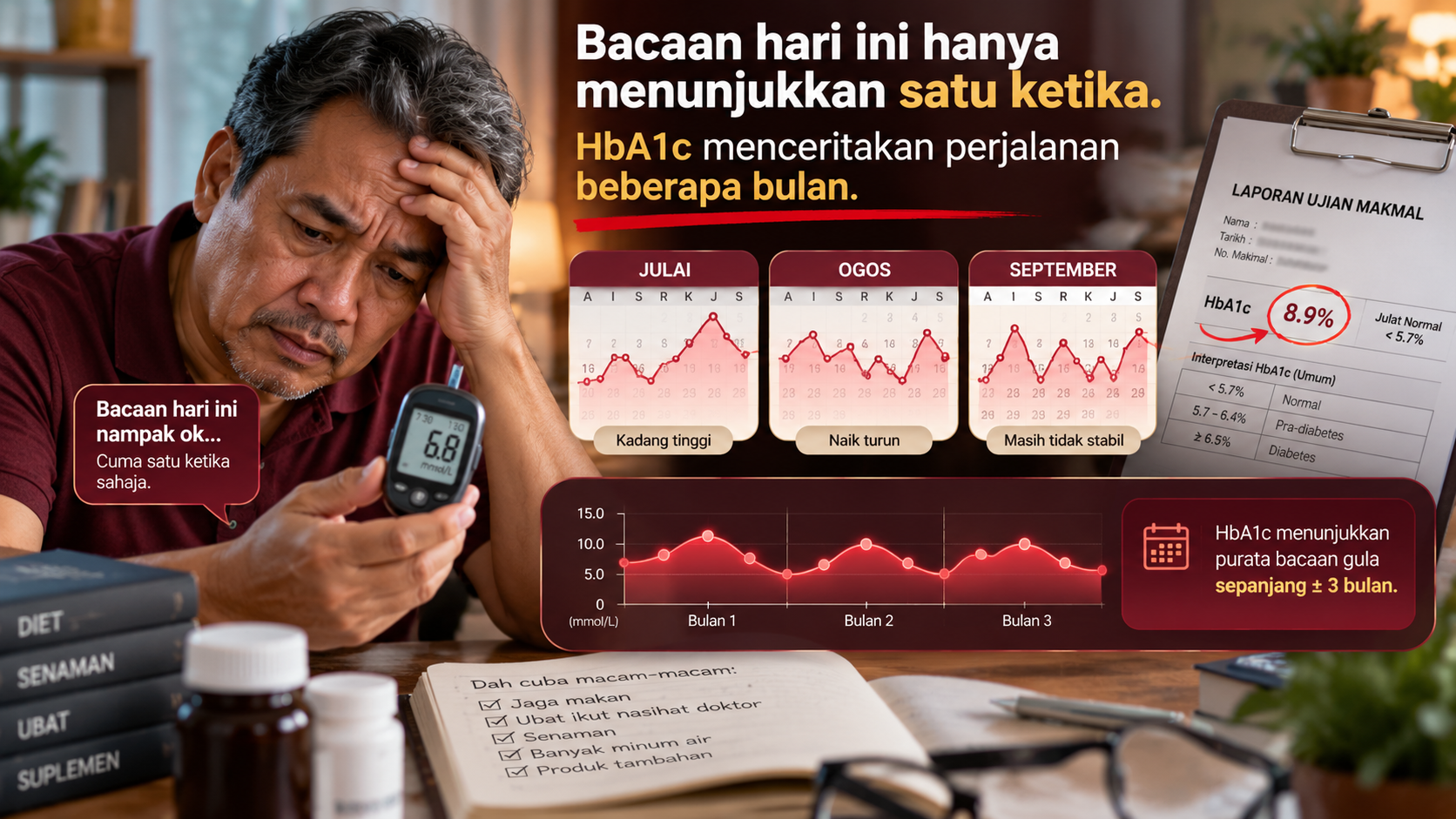 Visual perbandingan satu bacaan gula harian dengan gambaran HbA1c sekitar tiga bulan
