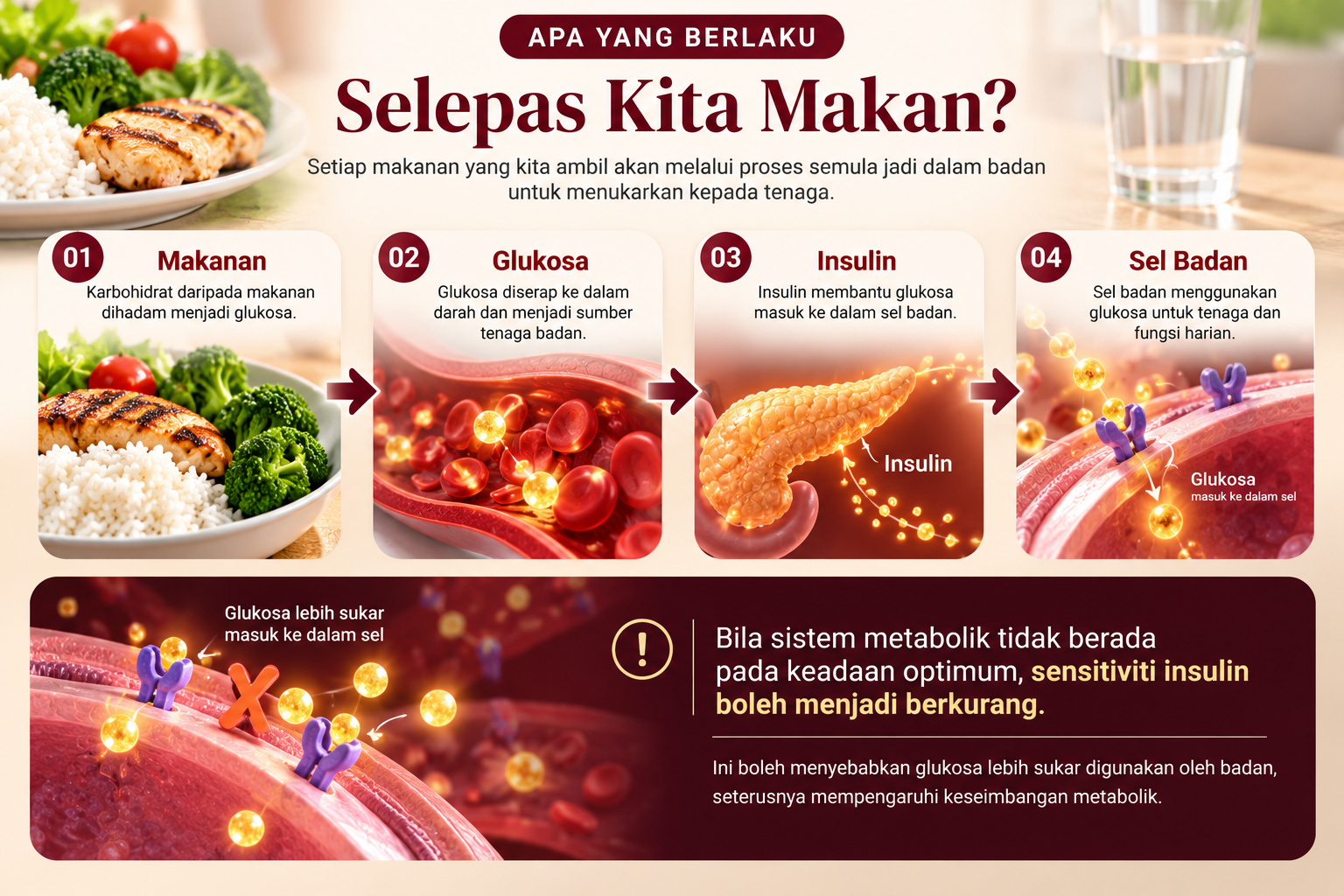 Infografik proses makanan, glukosa, insulin dan sel badan
