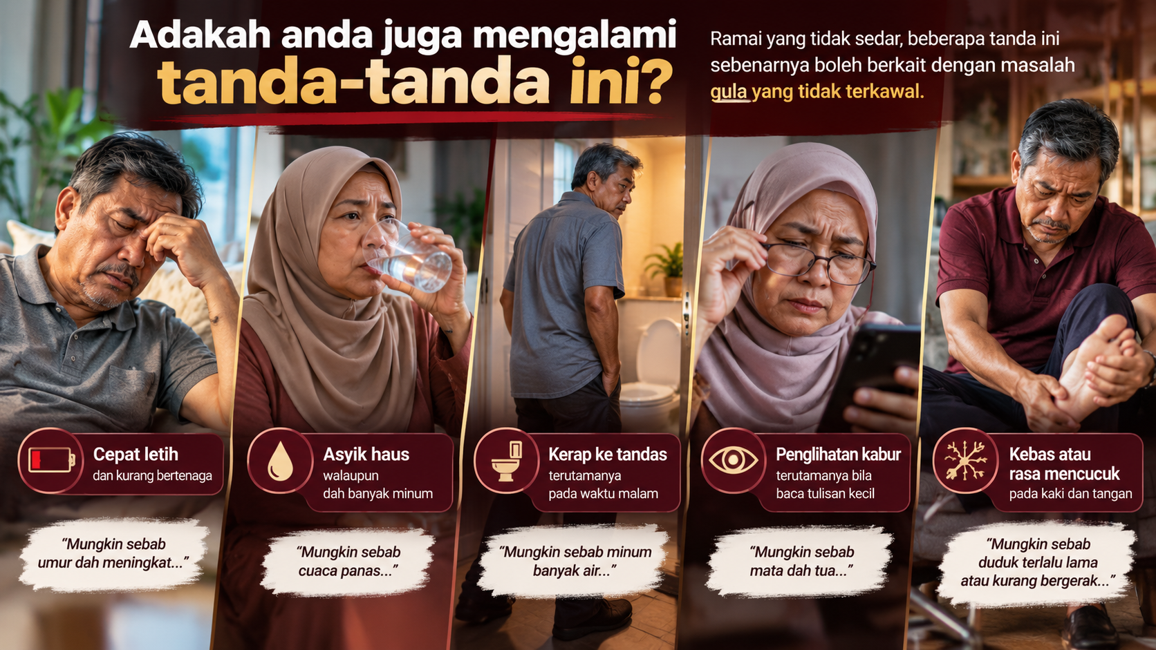 Simptom diabetes yang sering disalah anggap sebagai faktor umur atau kurang cergas